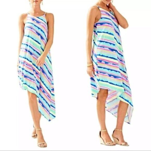 Lilly Pulitzer Magnolia Dress Medium Stripe Asymmetric Euro Summer Coastal Artsy - Picture 1 of 11